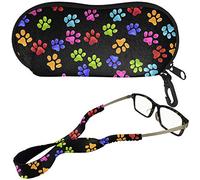 SEANATIVE Cute Cartoon Dog Paws Design Black Eyeglasses Protective Case Pouch and Glasses Lanyard Neck Hanging Strap Set of 2 Packs