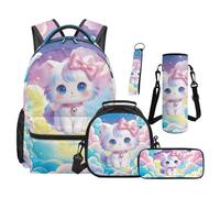 SEANATIVE Cute Cat Backpack Set of 5 Kawaii 17 Inch Lightweight Backpack with Lunch Bag Pencil Pouch for 9-12 Years Old Elementary to Middle School Girls Bookbag