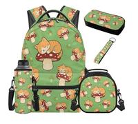 SEANATIVE Cute Cat Kids Backpack Set 5 Pcs Mushroom Print 17 Inch Backpack with Lunch Bag Pencil Pouch for 9-12 Years Old Elementary to Middle School Kawaii Bookbag Set