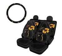 SEANATIVE Cute Cat Print 5 Pcs Car Seat Cover Set with Steering Wheel Cover, Yellow Sunflower Front & Rear Seat Covers Universal Car Decor