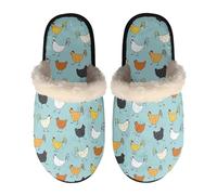 SEANATIVE Cute Chicken Women House Slippers with Fuzzy Plush Faux Fur Collar, Rooster Hen Print Slip on House Shoes with Anti-Skid Rubber Sole