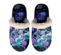 SEANATIVE Cute Dolphin Flower Print Women Slippers Comfy Ladies Bedroom Slippers Warm Soft Flannel Lining Home Slippers wiith Non-slip Sole