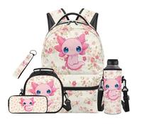 SEANATIVE Cute Girls Backpack Set for 9-12 Years Old 5 Pcs Pink Axolotl 17 Inch Lightweight Bookbag with Insulated Lunch Bag Pencil Case for Elementary School Gift for Daughter