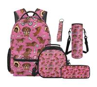 SEANATIVE Dachshund Backpack Set of 5 Cartoon 17 Inch Adjustable Padded Straps Backpack with Lunch Box Pencil Pouch for 9-12 Years Old Kids Middle School School Supply Set