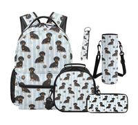 SEANATIVE Dachshund Backpack Set of 5 Cartoon 17 Inch Soft Backpack with Lunch Bag Pencil Case for 9-12 Years Old Elementary to Middle School Gift for Brother