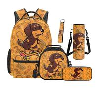 SEANATIVE Dachshund Backpack Set of 5 Retro Print 17 Inch Adjustable Padded Straps Backpack with Lunch Box Pencil Pouch for 9-12 Years Old Kids Middle School School Supply Set