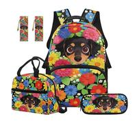 SEANATIVE Dachshund Kids Backpack Set for Boys 9-12 Years Old Flower Backpack and Lunch Box 5 Piece Set Breathable 17 Inch Bookbag Set for Elementary School Gift for Son