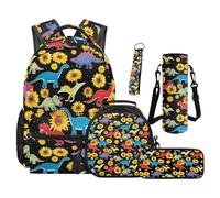 SEANATIVE Dinosaur Backpack Set 5 Pcs Sunflower 17 Inch Water Resistant Backpack with Lunch Bag Pencil Case for 9-12 Years Old Elementary to Middle School Cute Bookbag