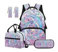 SEANATIVE Dolphin Kids Backpack Set 5 Pcs, 17 Inch Waterproof School Bag Set for Girls 9-12 Years Old Mermaid Scale Bookbag with Lunch Box, Pencil Case & 2 Bookmarks