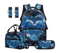 SEANATIVE Dolphin Kids Backpack Set for Girls 9-12 Years Old, Floral Backpack and Lunch Box 5 Pcs Set 17 Inch Lightweight Bookbag Set with Pencil Case & 2 Bookmarks for Elementary School