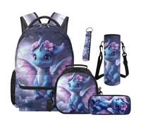 SEANATIVE Dragon Backpack Set of 5 Cartoon 17 Inch Soft Backpack with Lunch Bag Pencil Case for 9-12 Years Old Elementary to Middle School Gift for Sister
