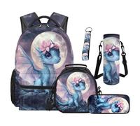 SEANATIVE Dragon Backpack Set of 5 Floral Print 17 Inch Adjustable Padded Straps Backpack with Lunch Box Pencil Pouch for 9-12 Years Old Kids Middle School School Supply Set