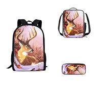 SEANATIVE Elk School Bookbag 3 Piece Deer 17 Inch School Backpack with Luncn Bag and Pencil Case Large Capacity College School Bag for Kids, Lightweight Travel Daypack
