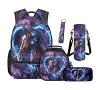 SEANATIVE Enchanted Purple Heart Horse Girls Backpack Set for 9-12 Years Old 5 Pcs Floral Print 17 Inch Lightweight Bookbag with Insulated Lunch Bag Pencil Case for Elementary School Gift for Daughter