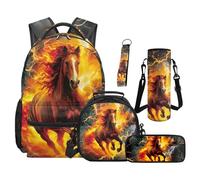 SEANATIVE Fire Horse Backpack Set of 5 Cool 17 Inch Lightweight Backpack with Lunch Bag Pencil Pouch for 9-12 Years Old Elementary to Middle School Boys Bookbag