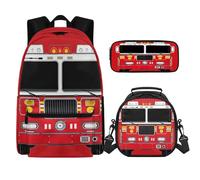 SEANATIVE Fire Truck Boys School Backpack 3 Pieces Lightweight Pencil Stationary Bag Thermal Lunch Bag Tote for Students Satchel Casual Daypack Laptop Rucksack, Fit for Middle School