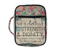 SEANATIVE Floral Bible Cover Zippered Bible Carrying Case for Women Bible Scripture Holder Book Bag,She is Clothed with Strength and Dignity and She Laughs Print