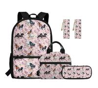 SEANATIVE Floral Horse Girls School Backpack 5 Pcs Set for 9-12 Years Old Cute Lightweight Kids Backpack with Lunch Bag, Pencil Case and Bookmarks Breathable School Bag
