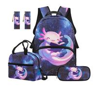 SEANATIVE Galaxy 17 Inch Backpack Set for Kids 9-12 Years Old Axolotl Backpack with Lunch Box 5 Pcs Set Breathable School Bag with Pencil Case & 2 Bookmarks for Middle School