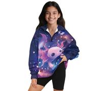SEANATIVE Galaxy Axolotl Sweatshirts for Teen Girls Oversized Collared Neck Sweatshirt Quarter Zip Sweater Kids Fashion Drop Shoulder Pullover Hoodies Long Sleeve Shirts 5-14 Years