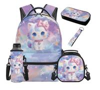 SEANATIVE Galaxy Girls Backpack Set 5 Pcs Cat Print 17 Inch Soft Backpack with Lunch Bag Pencil Pouch for 9-12 Years Old Elementary to Middle School Multifunctional School Bags