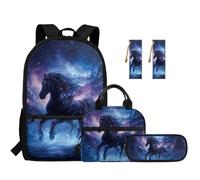 SEANATIVE Galaxy Girls School Backpack 5 Pcs Set Black Horse 17 Inch Kids Backpack with Lunch Bag, Pencil Case and Bookmarks Breathable School Bag for Elementary Ages 9-12