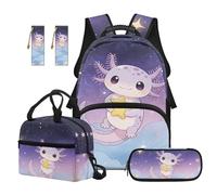 SEANATIVE Galaxy Kids Backpack Set for Girls 9-12 Years Old Axolotl 17 Inch 5 Pcs School Bag with Lunch Box, Pencil Case & 2 Bookmarks for Middle School