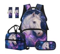 SEANATIVE Galaxy Kids School Backpack with Lunch Bag Horse Backpack 5 Pcs Set Durable 17 Inch Bookbag Set with Pencil Case & 2 Bookmarks for 9-12 Years Old Girls