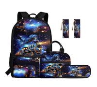 SEANATIVE Galaxy Train Kids Backpack Set of 5 for Boys Cool Lightweight 17 Inch School Bag with Lunch Bag, Pencil Case and Bookmarks Cartoon School Backpack for 9-12 Years Old