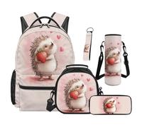 SEANATIVE Hedgehog Backpack Set of 5 Heart Print 17 Inch Soft Backpack with Lunch Bag Pencil Case for 9-12 Years Old Elementary to Middle School Gift for Sister