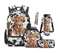 SEANATIVE Highland Cow Backpack Set of 5 Cow Print 17 Inch Lightweight Backpack with Lunch Bag Pencil Pouch for 9-12 Years Old Kids Elementary to Middle School