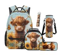 SEANATIVE Highland Cow Backpack Set of 5 Sunflower 17 Inch Soft Backpack with Lunch Bag Pencil Pouch for 9-12 Years Old Elementary to Middle School Cartoon Bookbag Set