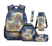 SEANATIVE Horse Girls Backpack Set of 5 Galaxy Print 17 Inch Large Capacity Backpack with Lunch Bag Pencil Case for 9-12 Years Old Elementary to Middle School Gift for Daughter