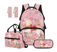SEANATIVE Horse Kids School Backpack with Lunch Bag Pink Floral Backpack 5 Pcs Set Durable 17 Inch Bookbag Set with Pencil Case & 2 Bookmarks for 9-12 Years Old Girls
