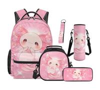 SEANATIVE Kawaii Axolotl Backpack Set 5 Pcs Large Capacity Multifunctional Bookbag with Lunch Bag Pencil Case for Girls Elementary Primary