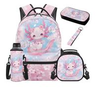 SEANATIVE Kawaii Backpack Set of 5 Axolotl 17 Inch Soft Bookbag with Lunch Bag Pencil Case for 9-12 Years Old Girls Elementary to Middle School School Supply Set