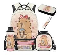 SEANATIVE Kawaii Capybara Girls Backpack Set 5 Pcs Cute 17 Inch Adjustable Padded Straps Backpack with Lunch Bag Pencil Case for 9-12 Years Old Elementary to Middle School Multifunctional School Bags