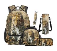 SEANATIVE Leopard Print Backpack Set of 5 Cool 17 Inch Lightweight Backpack with Lunch Bag Pencil Pouch for 9-12 Years Old Kids Elementary to Middle School