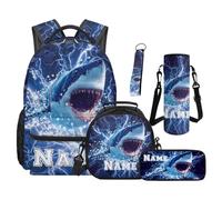 SEANATIVE Lightning Shark Backpack Set of 5 Custom Name 17 Inch Soft Backpack with Lunch Bag Pencil Pouch for 9-12 Years Old Elementary to Middle School Cool Boys Bookbag
