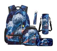 SEANATIVE Lightning Train Backpack Set 5 Pcs Fashion 17 Inch Large Capacity Backpack with Lunch Bag Pencil Pouch for 9-12 Years Old Elementary to Middle School