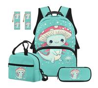 SEANATIVE Mushroom Backpack Set for 9-12 Years Old 5 Pcs Axolotl 17 Inch Lightweight Bookbag with Insulated Lunch Bag Pencil Case for Elementary School Gift for Daughter