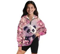 SEANATIVE Panda Cherry Blossom Sweatshirts for Teen Girls Pullover Hoodies 1/4 Zip Hooded Collared Neck Long Sleeve Child Oversized Sweaters Fall Active Youth Sweat Shirts