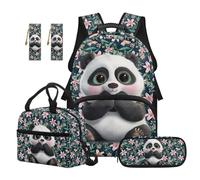 SEANATIVE Panda Kids Backpack with Lunch Bag Floral Backpack 5 Pcs Set 17 Inch Lightweight Bookbag Set with Pencil Case & 2 Bookmarks for Girls 9-12 Elementary