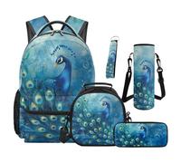 SEANATIVE Peacock Print Backpack Set 5 Pcs Elegant 17 Inch Water Resistant Backpack with Lunch Bag Pencil Case for 9-12 Years Old Elementary to Middle School Kawaii Bookbag