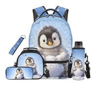 SEANATIVE Penguin Backpack Set of 5 Cartoon 17 Inch Soft Backpack with Lunch Bag Pencil Case for 9-12 Years Old Elementary to Middle School Gift for Brother