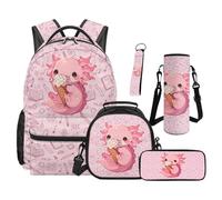 SEANATIVE Pink Axolotl Backpack Set 5 Pcs Ice Cream 17 Inch Waterproof Bookbag with Lunch Bag Pencil Case for Kids Elementary Primary Cute Girls School Backpack School Supply