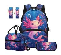 SEANATIVE Pink Axolotl Backpack Set of 5 Cute 17 Inch Soft Backpack with Lunch Bag Pencil Pouch for 9-12 Years Old Elementary to Middle School Cute Kids School Bags