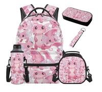 SEANATIVE Pink Axolotl Girls Backpack Set for 9-12 Years Old 5 Pcs Cute 17 Inch Lightweight Bookbag with Insulated Lunch Bag Pencil Case for Elementary School Gift for Daughter