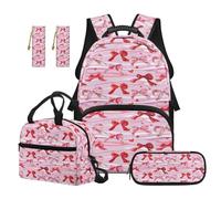 SEANATIVE Pink Bow Print Backpack Set of 5 Fashion 17 Inch Lightweight Backpack with Lunch Bag Pencil Pouch for 9-12 Years Old Elementary to Middle School