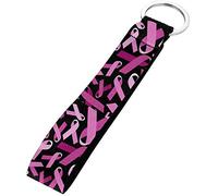 SEANATIVE Pink Breast Cancer Support Ribbon Printed Keychain for Women Girls Gift,Long Lanyard Key Chain Holder with Metal Ring Rubber Backing,Hand Wrist Keyring Long Strap Key Fob